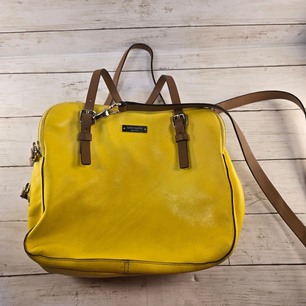 Kate Spade Yellow Pebbled Leather Satchel Crossbody Bag Tan Trim Striped Lining